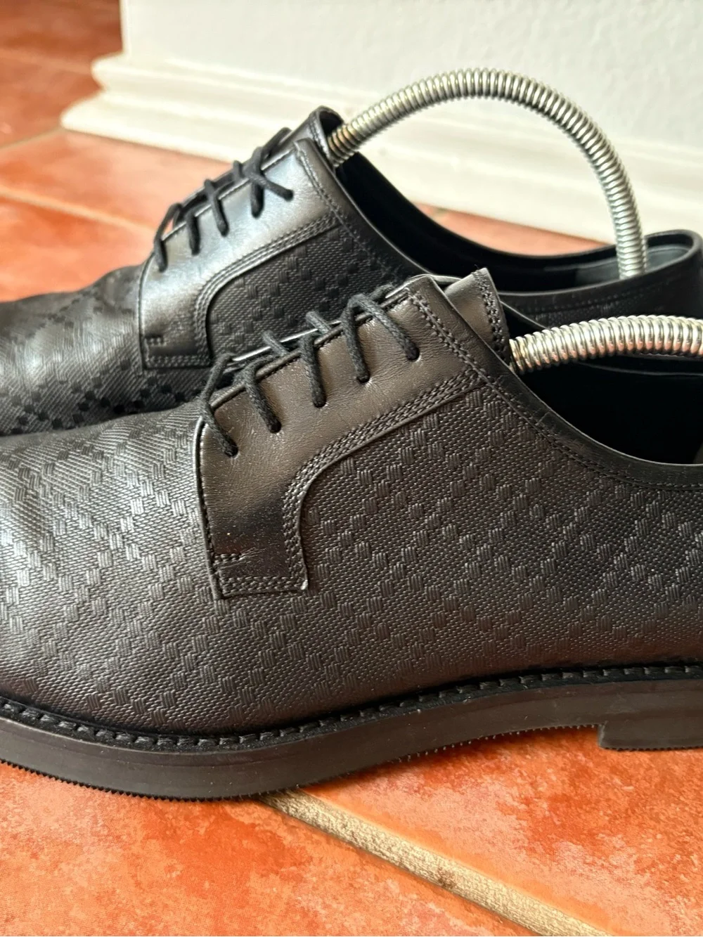 Gucci Hilary Lux Diamante Black Leather Derby Shoes 386575 Sz UK 10 US 11